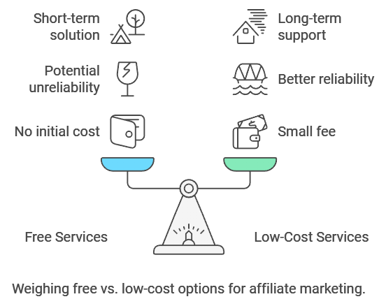 Weighing free vs. low-cost options for affiliate marketing.